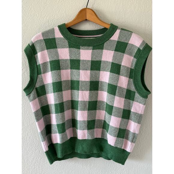 Women's Boden Pink Green Checkered Sweater Tank Top Sleeveless Size M - Picture 3 of 6
